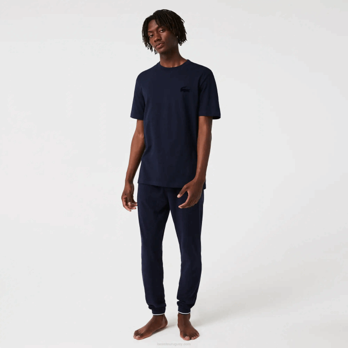azul marino 166 VVL0A1344 hombres Lacoste camiseta de salón de algodón con cuello redondo y cocodrilo aterciopelado