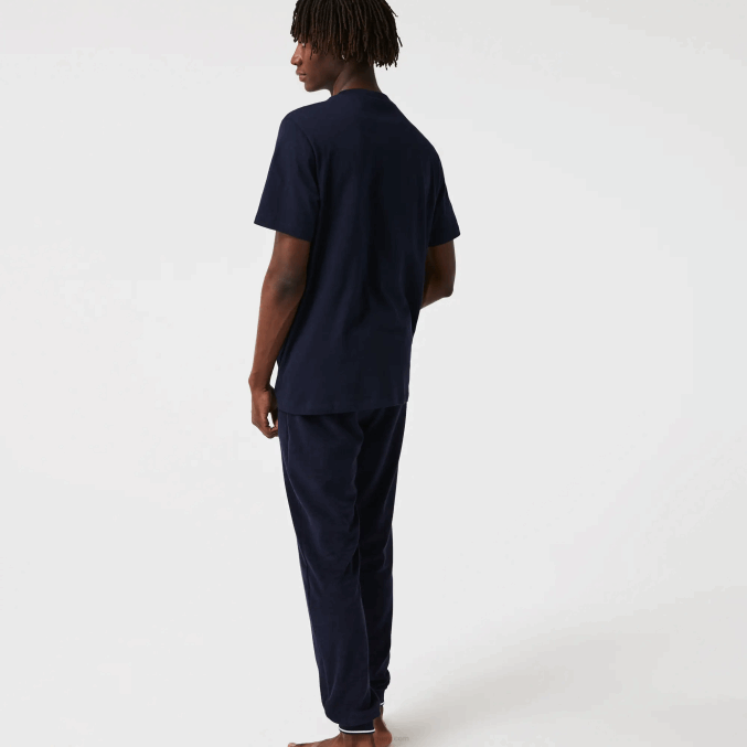 azul marino 166 VVL0A1344 hombres Lacoste camiseta de salón de algodón con cuello redondo y cocodrilo aterciopelado
