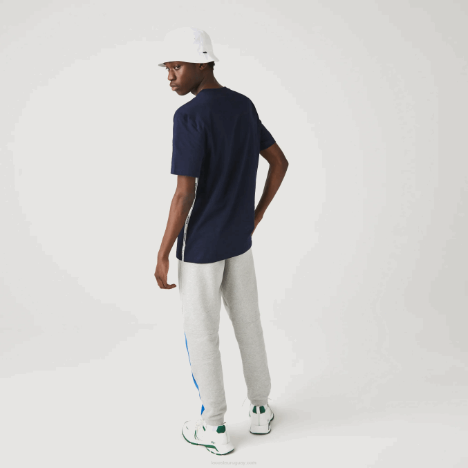 azul marino 166 VVL0A909 hombres Lacoste playera con cuello redondo y bandas de la marca