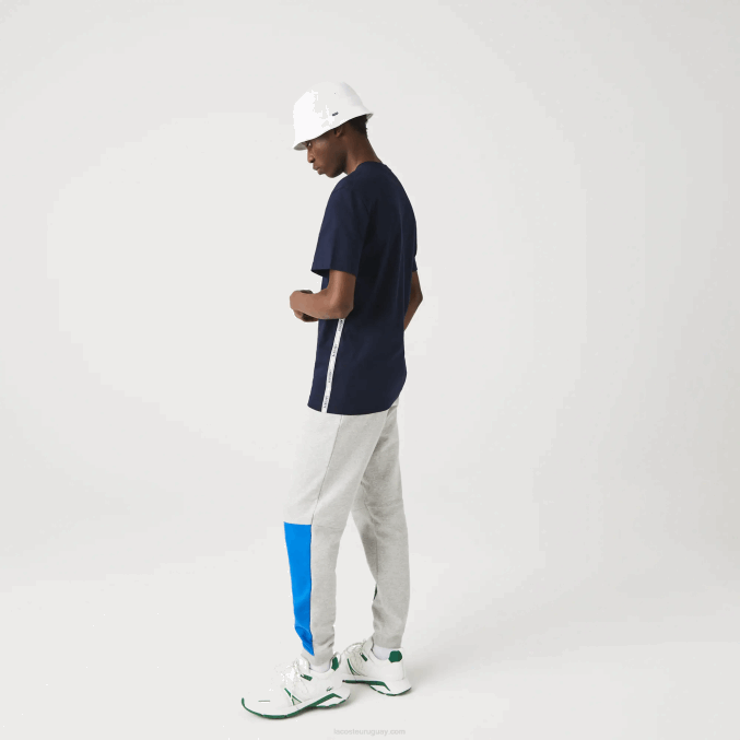 azul marino 166 VVL0A909 hombres Lacoste playera con cuello redondo y bandas de la marca