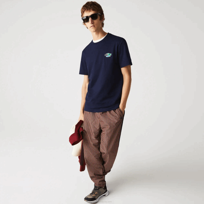 azul marino 166 VVL0A920 hombres Lacoste camiseta de algodón orgánico con cuello redondo y cocodrilos de colores
