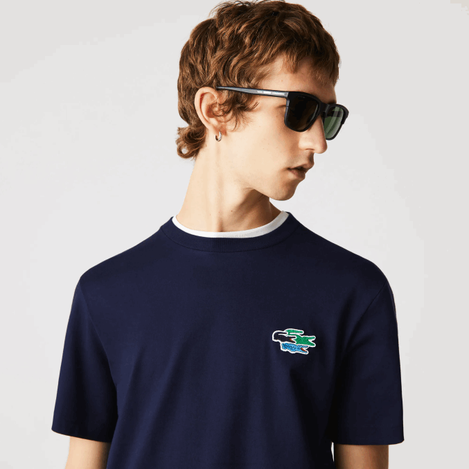 azul marino 166 VVL0A920 hombres Lacoste camiseta de algodón orgánico con cuello redondo y cocodrilos de colores