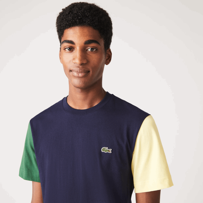 azul marino verde amarillo uxw VVL0A811 hombres Lacoste playera de corte regular en jersey de algodón con bloques de color