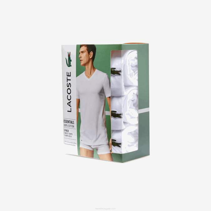 blanco 001 VVL0A1335 hombres Lacoste Pack de 3 camisetas de salón de algodón con cuello de pico
