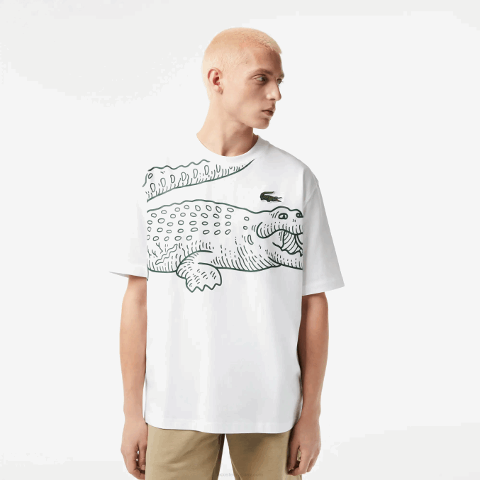 blanco 001 VVL0A254 hombres Lacoste camiseta holgada con cuello redondo y estampado de cocodrilo