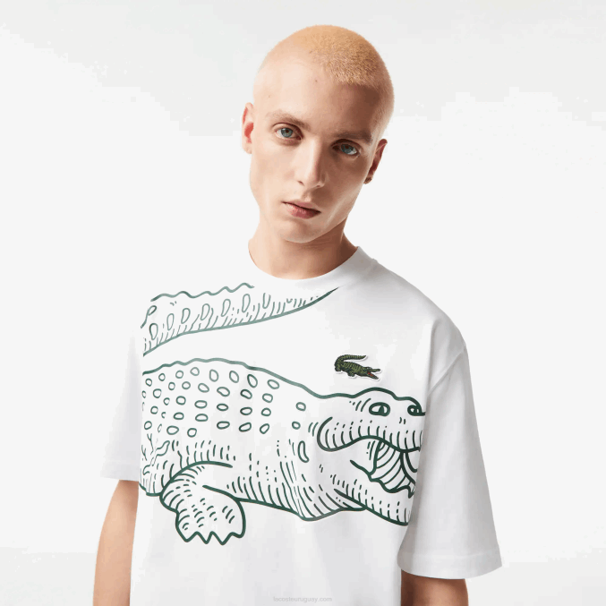 blanco 001 VVL0A254 hombres Lacoste camiseta holgada con cuello redondo y estampado de cocodrilo