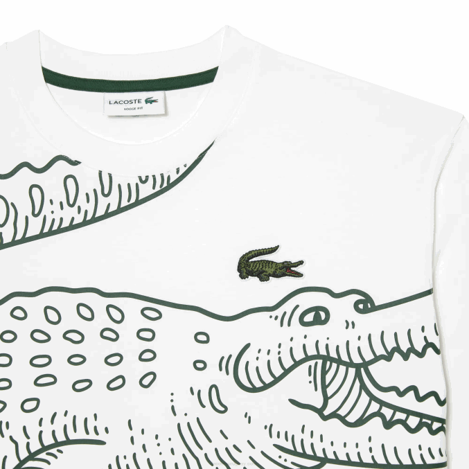 blanco 001 VVL0A254 hombres Lacoste camiseta holgada con cuello redondo y estampado de cocodrilo