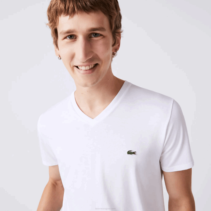 blanco 001 VVL0A40 hombres Lacoste playera de punto de algodón pima con cuello en V