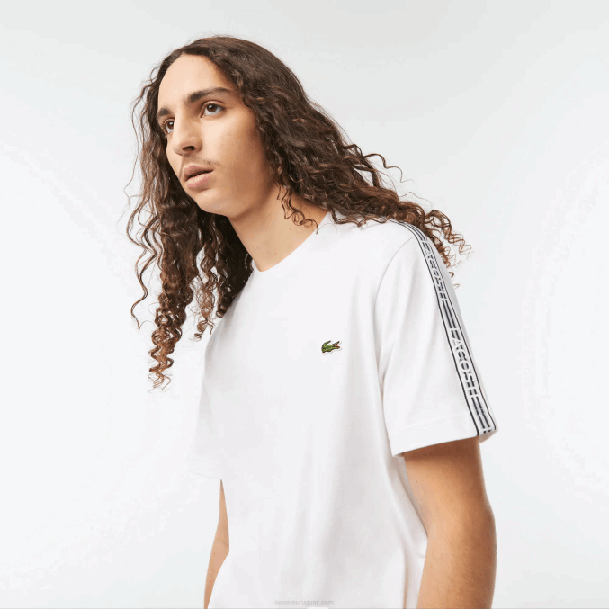 blanco 001 VVL0A46 hombres Lacoste playera regular fit con rayas del logo