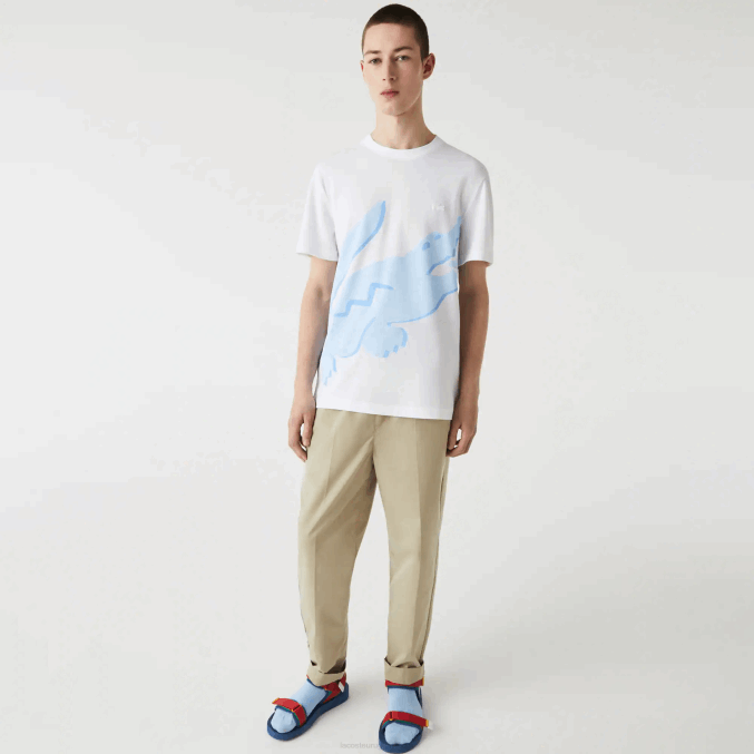 blanco 001 VVL0A637 hombres Lacoste camiseta de algodón orgánico elástico con cuello redondo y estampado de cocodrilo