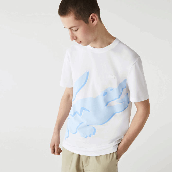 blanco 001 VVL0A637 hombres Lacoste camiseta de algodón orgánico elástico con cuello redondo y estampado de cocodrilo