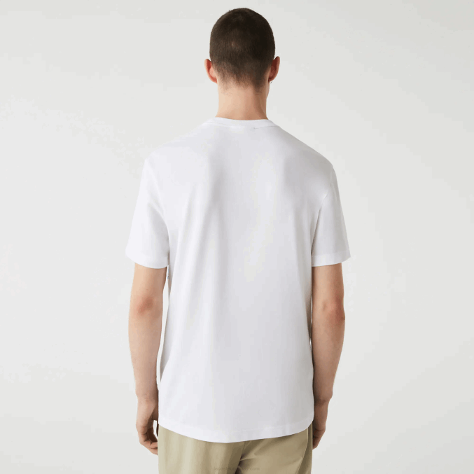 blanco 001 VVL0A637 hombres Lacoste camiseta de algodón orgánico elástico con cuello redondo y estampado de cocodrilo