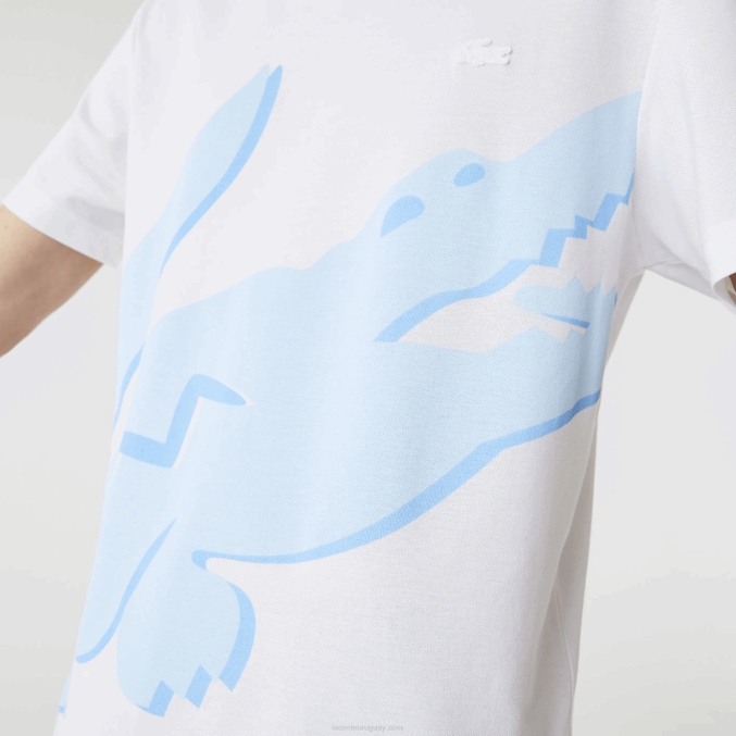 blanco 001 VVL0A637 hombres Lacoste camiseta de algodón orgánico elástico con cuello redondo y estampado de cocodrilo