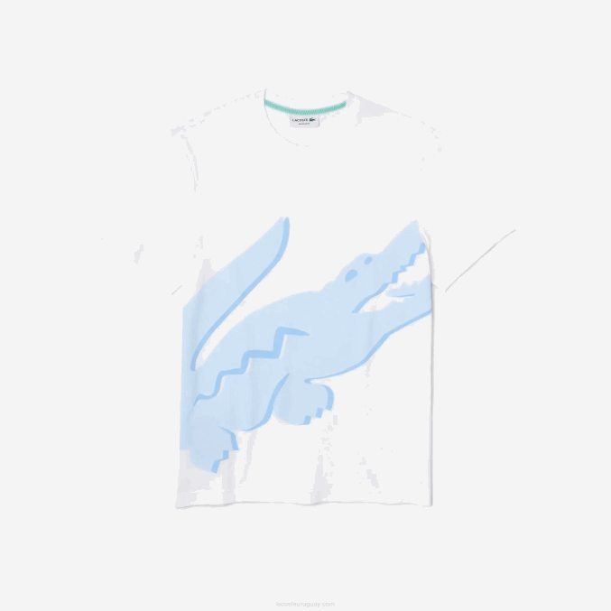 blanco 001 VVL0A637 hombres Lacoste camiseta de algodón orgánico elástico con cuello redondo y estampado de cocodrilo