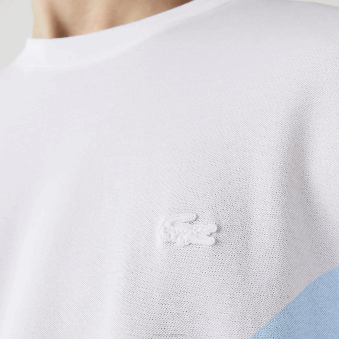 blanco 001 VVL0A637 hombres Lacoste camiseta de algodón orgánico elástico con cuello redondo y estampado de cocodrilo