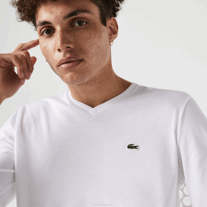 blanco 001 VVL0A675 hombres Lacoste playera de punto ligero de algodón pima con cuello en V