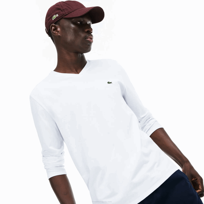 blanco 001 VVL0A675 hombres Lacoste playera de punto ligero de algodón pima con cuello en V