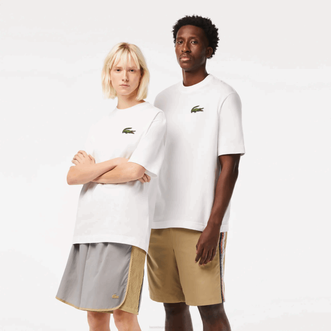 blanco 001 VVL0A75 hombres Lacoste camiseta holgada de algodón orgánico con cocodrilo grande