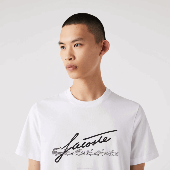 blanco 001 VVL0A761 hombres Lacoste camiseta de algodón con cuello redondo y estampado de cocodrilo