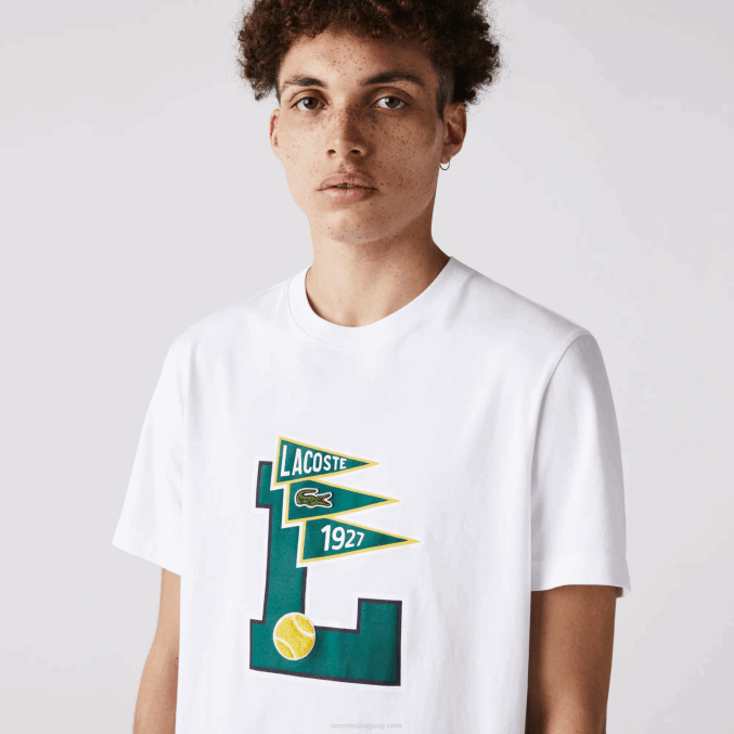 blanco 001 VVL0A914 hombres Lacoste playera de algodón con insignia L y banderines de cuello redondo