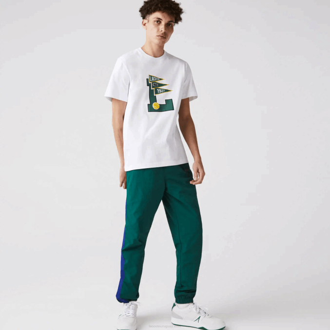 blanco 001 VVL0A914 hombres Lacoste playera de algodón con insignia L y banderines de cuello redondo