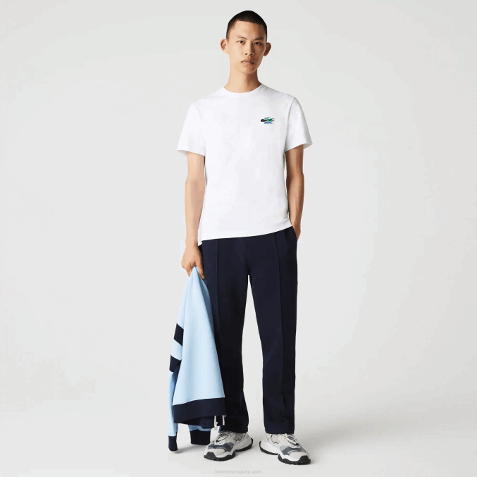 blanco 001 VVL0A919 hombres Lacoste camiseta de algodón orgánico con cuello redondo y cocodrilos de colores