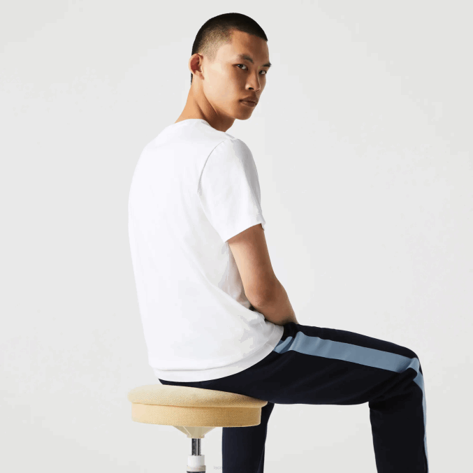 blanco 001 VVL0A919 hombres Lacoste camiseta de algodón orgánico con cuello redondo y cocodrilos de colores