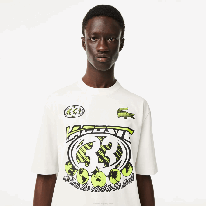 blanco 70v VVL0A144 hombres Lacoste playera holgada con estampado de jersey de algodón