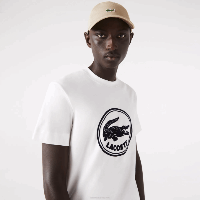 blanco 70v VVL0A906 hombres Lacoste camiseta de algodón con cuello redondo y logo estampado en 3d