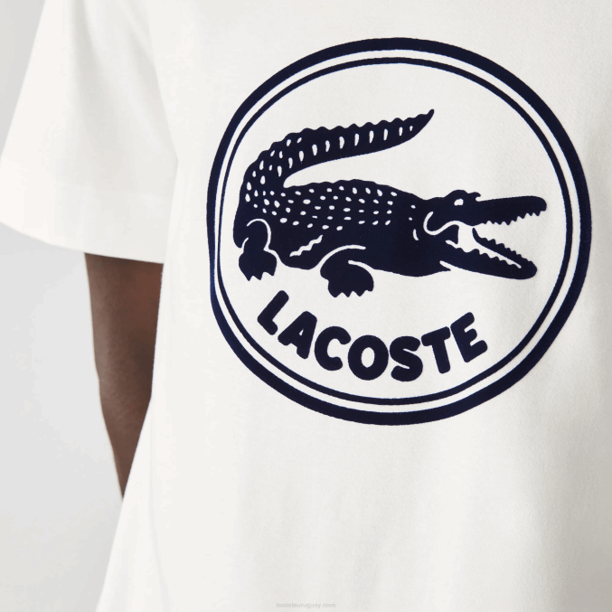 blanco 70v VVL0A906 hombres Lacoste camiseta de algodón con cuello redondo y logo estampado en 3d