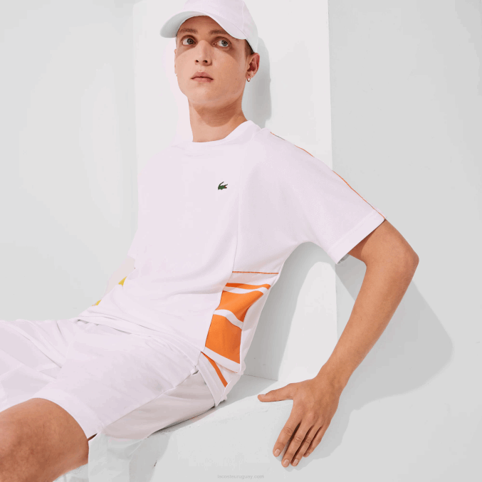 blanco amarillo naranja d0v VVL0A1922 hombres Lacoste playera de piqué con cuello redondo y bandas gráficas deportivas