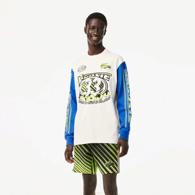 blanco azul zil VVL0A149 hombres Lacoste camiseta holgada de manga larga estampada