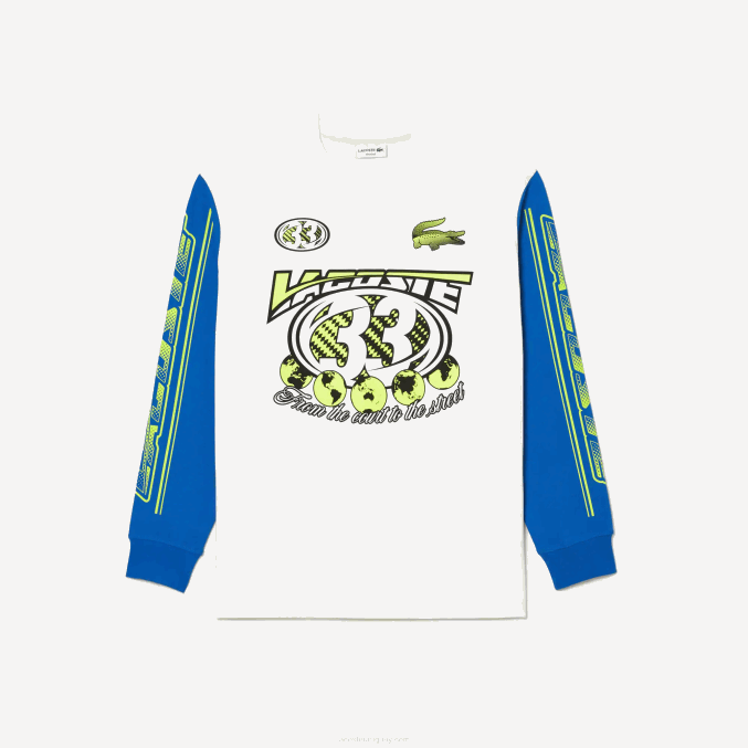 blanco azul zil VVL0A149 hombres Lacoste camiseta holgada de manga larga estampada