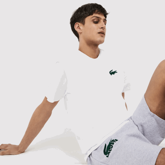 blanco verde 7wj VVL0A1343 hombres Lacoste camiseta de salón de algodón con cuello redondo y cocodrilo aterciopelado
