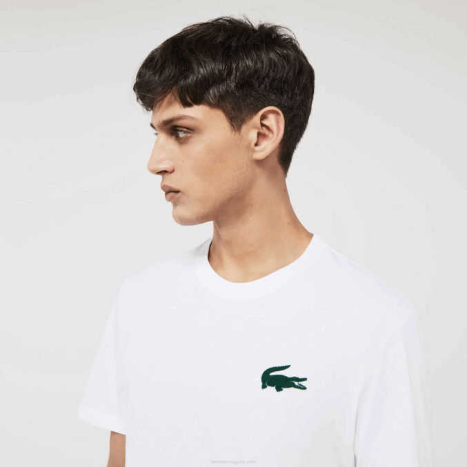 blanco verde 7wj VVL0A1343 hombres Lacoste camiseta de salón de algodón con cuello redondo y cocodrilo aterciopelado