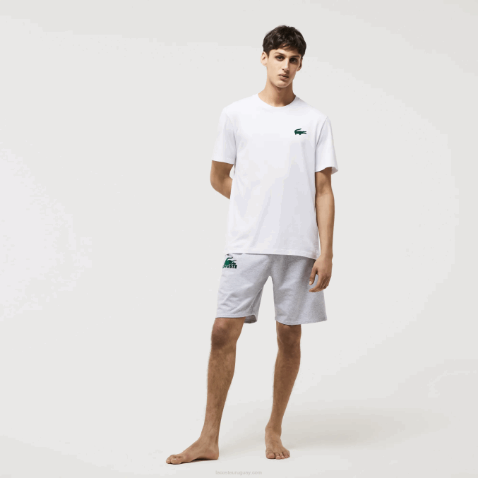 blanco verde 7wj VVL0A1343 hombres Lacoste camiseta de salón de algodón con cuello redondo y cocodrilo aterciopelado