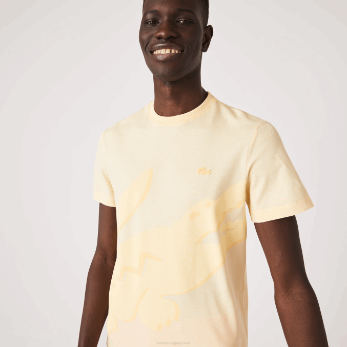 hbz amarillo VVL0A636 hombres Lacoste camiseta de algodón orgánico elástico con cuello redondo y estampado de cocodrilo