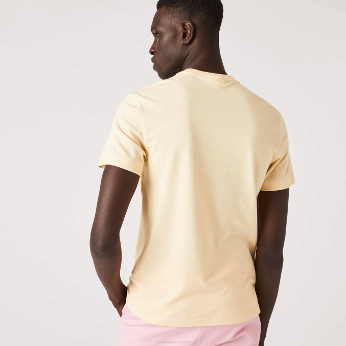 hbz amarillo VVL0A636 hombres Lacoste camiseta de algodón orgánico elástico con cuello redondo y estampado de cocodrilo