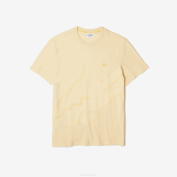 hbz amarillo VVL0A636 hombres Lacoste camiseta de algodón orgánico elástico con cuello redondo y estampado de cocodrilo