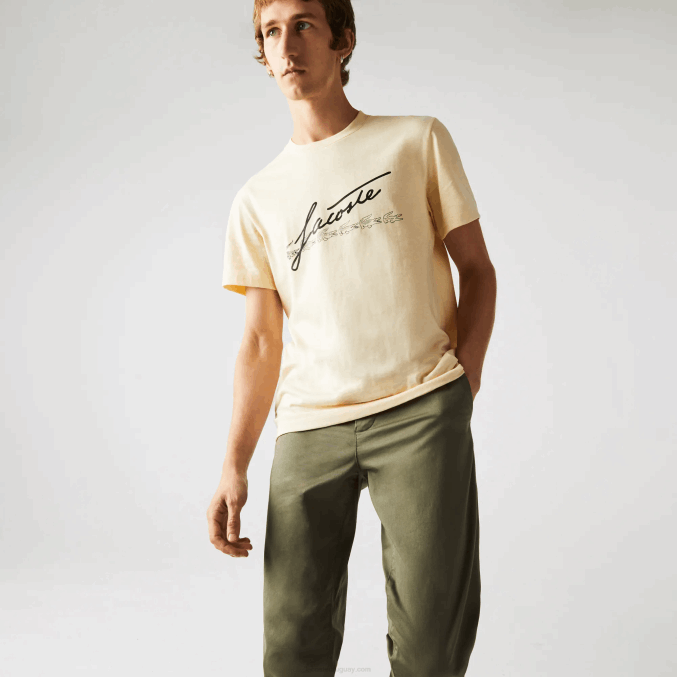 hbz amarillo VVL0A762 hombres Lacoste camiseta de algodón con cuello redondo y estampado de cocodrilo