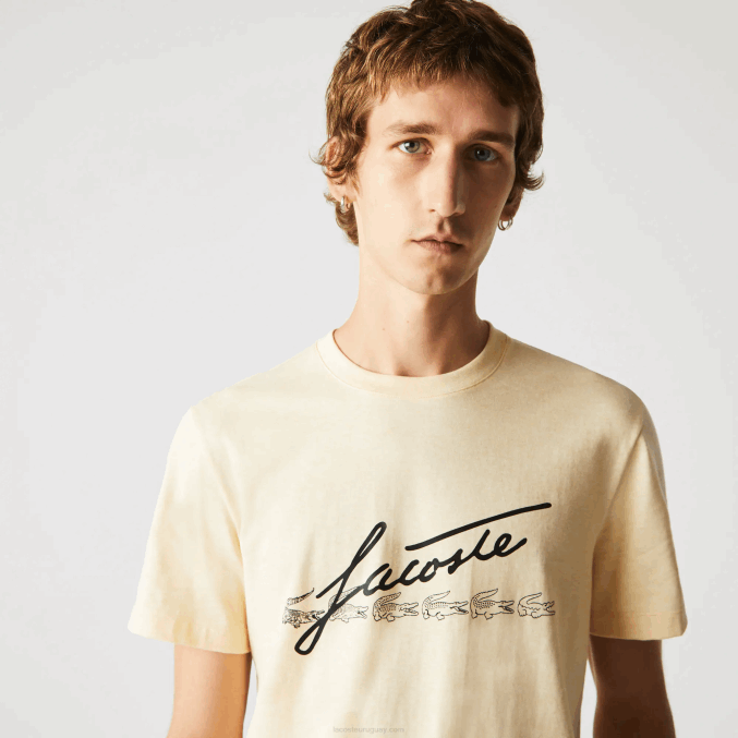 hbz amarillo VVL0A762 hombres Lacoste camiseta de algodón con cuello redondo y estampado de cocodrilo