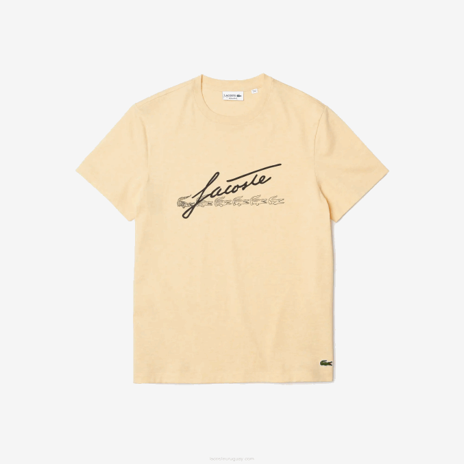 hbz amarillo VVL0A762 hombres Lacoste camiseta de algodón con cuello redondo y estampado de cocodrilo