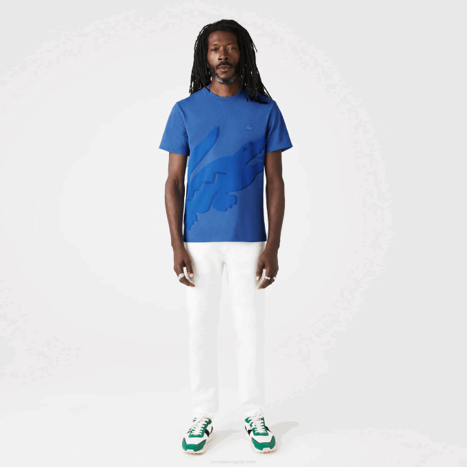 lomo azul hg3 VVL0A639 hombres Lacoste camiseta de algodón orgánico elástico con cuello redondo y estampado de cocodrilo