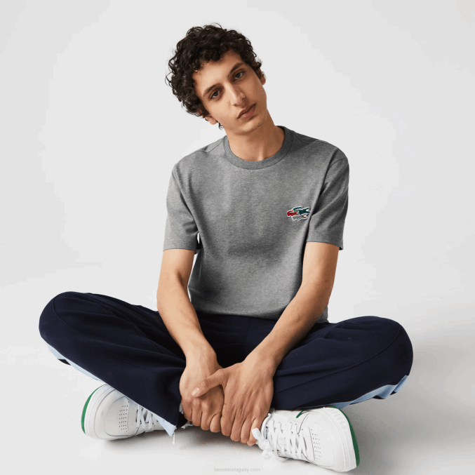 lomo gris 1vq VVL0A921 hombres Lacoste camiseta de algodón orgánico con cuello redondo y cocodrilos de colores