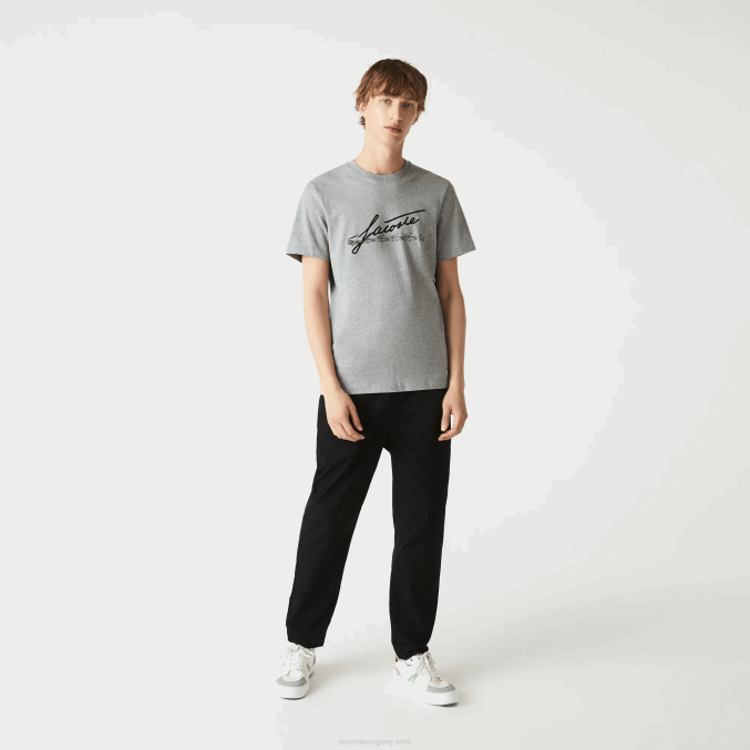 lomo gris 4jv VVL0A760 hombres Lacoste camiseta de algodón con cuello redondo y estampado de cocodrilo