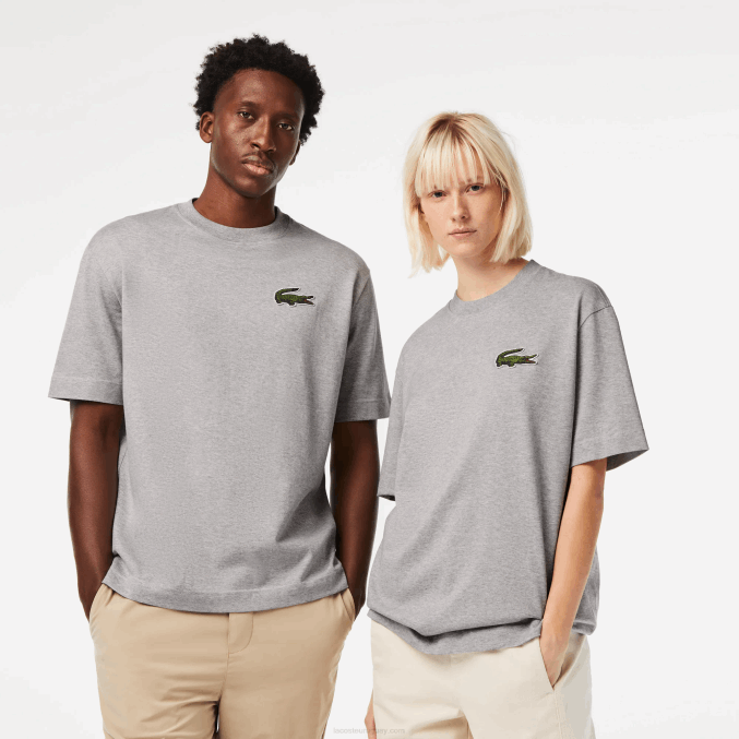 lomo gris cca VVL0A74 hombres Lacoste camiseta holgada de algodón orgánico con cocodrilo grande