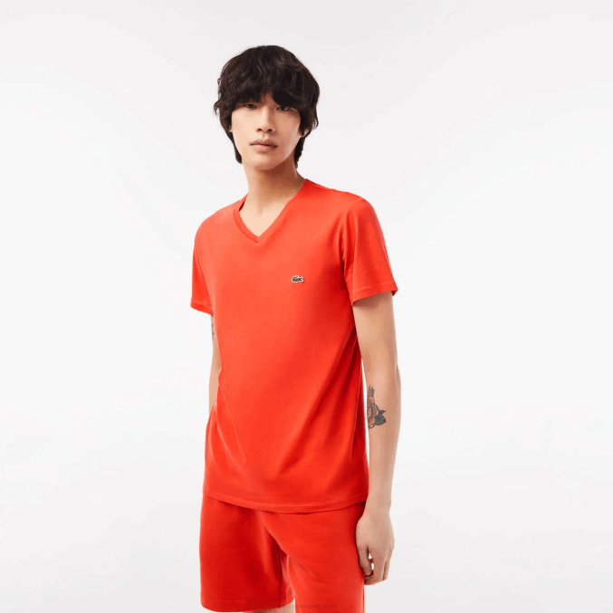 naranja 02k VVL0A39 hombres Lacoste playera de punto de algodón pima con cuello en V
