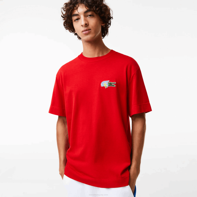 rojo 240 VVL0A744 hombres Lacoste camiseta de corte holgado con efecto de cómic