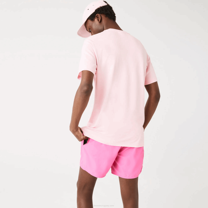 rosa VVL0A638 hombres Lacoste camiseta de algodón orgánico elástico con cuello redondo y estampado de cocodrilo