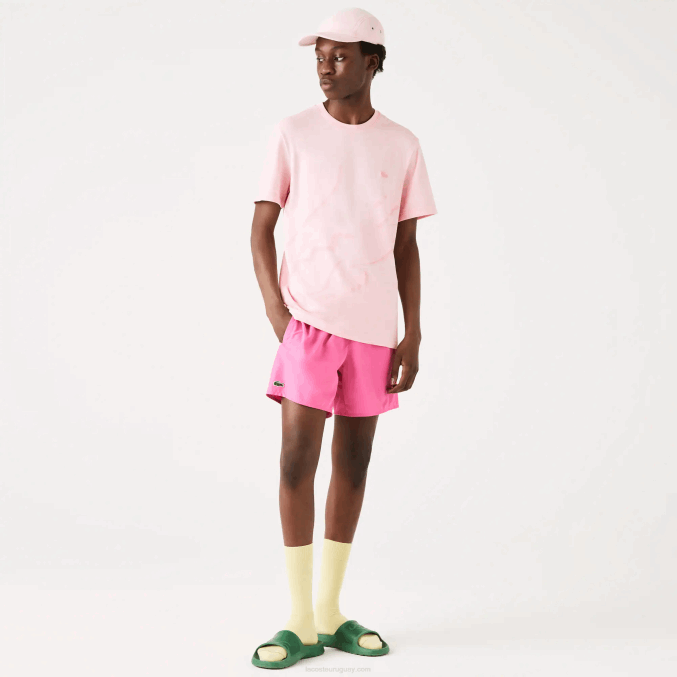 rosa VVL0A638 hombres Lacoste camiseta de algodón orgánico elástico con cuello redondo y estampado de cocodrilo
